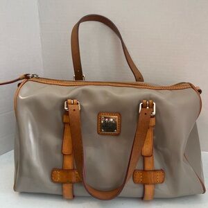 Dooney & Bourke Patent Leather Barrel Satchel in Taupe/Putty gray Vachetta Trim